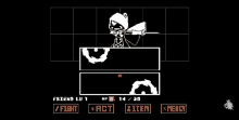 a black and white screenshot of a video game with a character in a hood standing in a square .