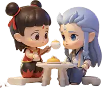 a boy and a girl sitting at a table with food