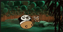 a panda and a rabbit are standing in a field
