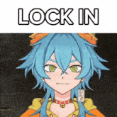 a cartoon girl with blue hair and the words lock in above her