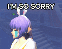 a girl with bunny ears says i 'm so sorry in front of a blue background