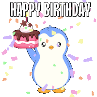 a pixel art of a penguin holding a birthday cake with the words happy birthday