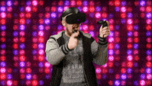 a man wearing a virtual reality headset and a shirt that says farm meats