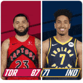 two basketball players one from the raptors and one from the indiana pacers are shown