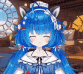 a girl with blue hair wearing a sailor hat with an anchor on it