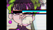 a cartoon drawing of a girl with glasses and a purple haircut