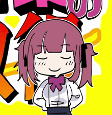 a drawing of a girl with purple hair and a purple bow tie