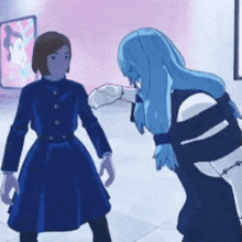 two anime characters are standing next to each other in a room and talking .