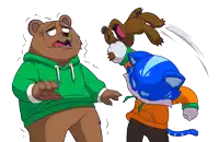 a cartoon drawing of a bear and a cat playing with a teddy bear