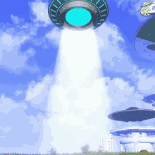 a cartoon illustration of a group of ufos flying through the sky