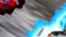 a cartoon character is being attacked by a purple and blue monster