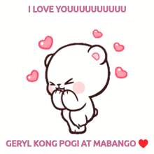 a cartoon bear is surrounded by pink hearts and says " i love you " on the bottom