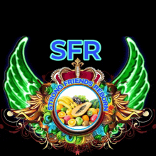 a logo for sfr strong friends reborn with wings and fruit