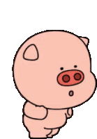 a cartoon pig with a surprised look on its face is standing on a white background .