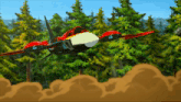 a cartoon jet is flying through a forest