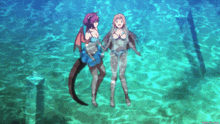 two anime girls are standing in the water and one has a dragon tail on