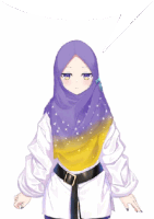 a girl wearing a purple and yellow hijab and a white shirt