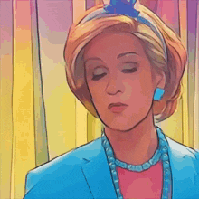 a cartoon drawing of a woman wearing a blue jacket and pearls