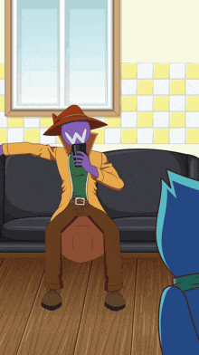 a cartoon of a man sitting on a couch holding a cell phone