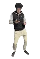 a man in a black vest and white sweatshirt is dancing while holding a cell phone