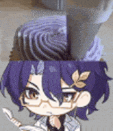 a cartoon character with purple hair and glasses is holding a spoon next to a cupcake with purple frosting .
