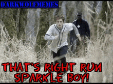 a man in a baseball uniform is running through a field with a man standing behind him .