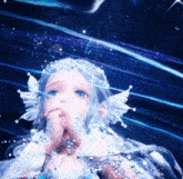 a close up of a fairy with blue hair and wings