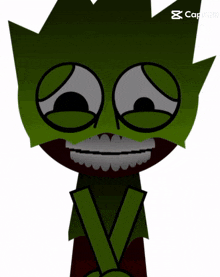 a green cartoon character with a big smile and a caption that says capcute