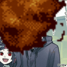a pixel art drawing of a girl with red eyes and a man with a beard .