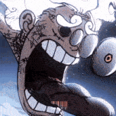 a close up of a cartoon character 's face with a barcode on the bottom right