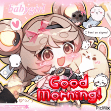 a picture of a baby girl with the words good morning in red letters