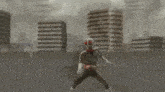 a man in a superhero costume is standing in front of buildings
