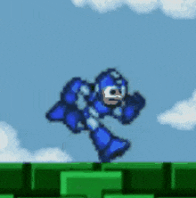 a pixel art of a blue robot jumping over a green block .