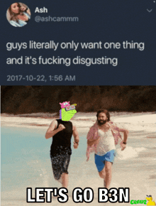 two men running on a beach with the caption let 's go b3n on the bottom