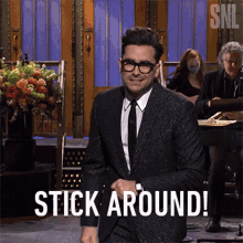 Stick Around Dan Levy GIF - Stick Around Dan Levy Saturday Night Live GIFs