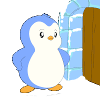 a penguin is standing in front of an igloo