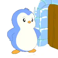a penguin is standing in front of an igloo