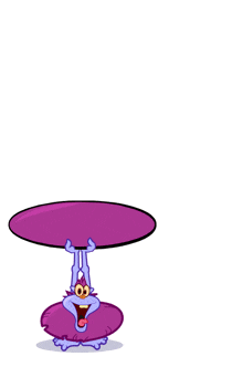 a cartoon character is hanging upside down with a purple circle above him