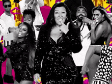 a woman in a sequined dress is surrounded by other people
