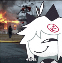 a cartoon character with a fire in the background is smiling and says " hene "