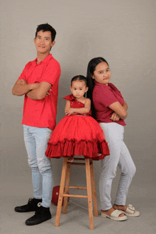 a little girl in a red dress sits on a wooden stool