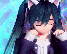 a cartoon girl with cat ears is holding a red lollipop in her mouth