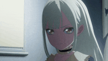 a girl with long white hair and a choker looks angry