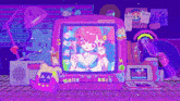 a cartoon drawing of a girl on a tv with a sticker that says ' aa ' on it