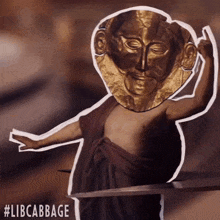 a drawing of a person with a gold mask on their head and the hashtag libcabbage
