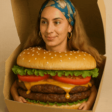 a woman is holding a huge hamburger in a box