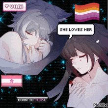 a pixel art of two girls with a speech bubble that says she loves her