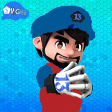 a cartoon character wearing a blue hat and gloves with the number 13 on it