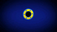 a yellow circle with blue stars and a red ribbon on a blue background .