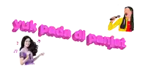 a woman singing into a microphone with the words yuk pada di pantat above her